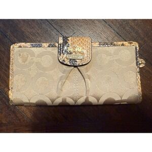 Wallet Coach Madison Op Sateen Slim Bifold Khaki‎ Python Snake Leather RARE J